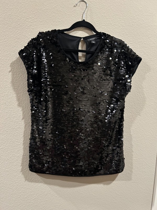 Halogen Sparkly Sequined Top Black Cap Sleeve Blouse Size M