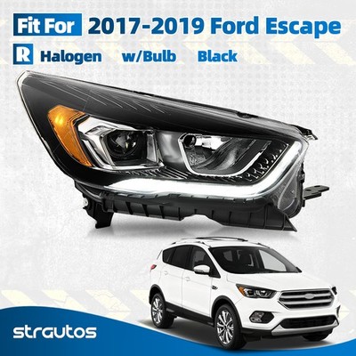 Halogen Headlight For 2017-2019 Ford Escape Black w/LED DRL w/Bulb Right Side