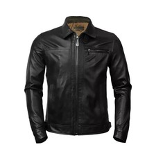 Men Black Genuine Leather Jacket Fold Collar Zip Up Casual Biker streetwear coat