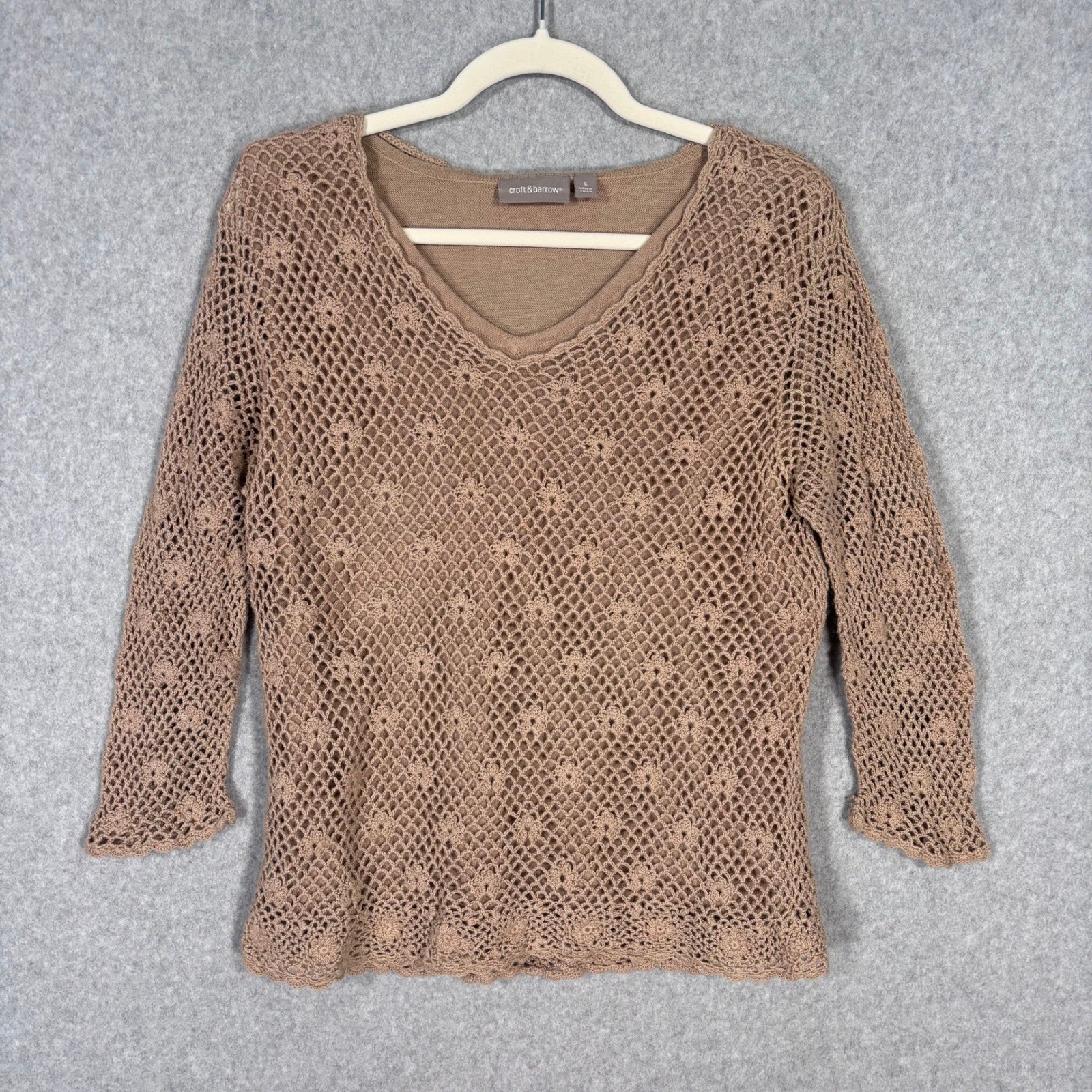 Crochet Open Knit Sweater Large Tan Sheer Beachy Boho Cottage Neutral Fairy