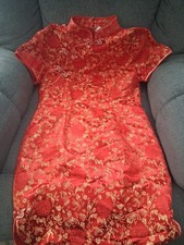 Chinese Cheongsam Qipao Dress Red Gold Sz Xl Fits Like M/L 