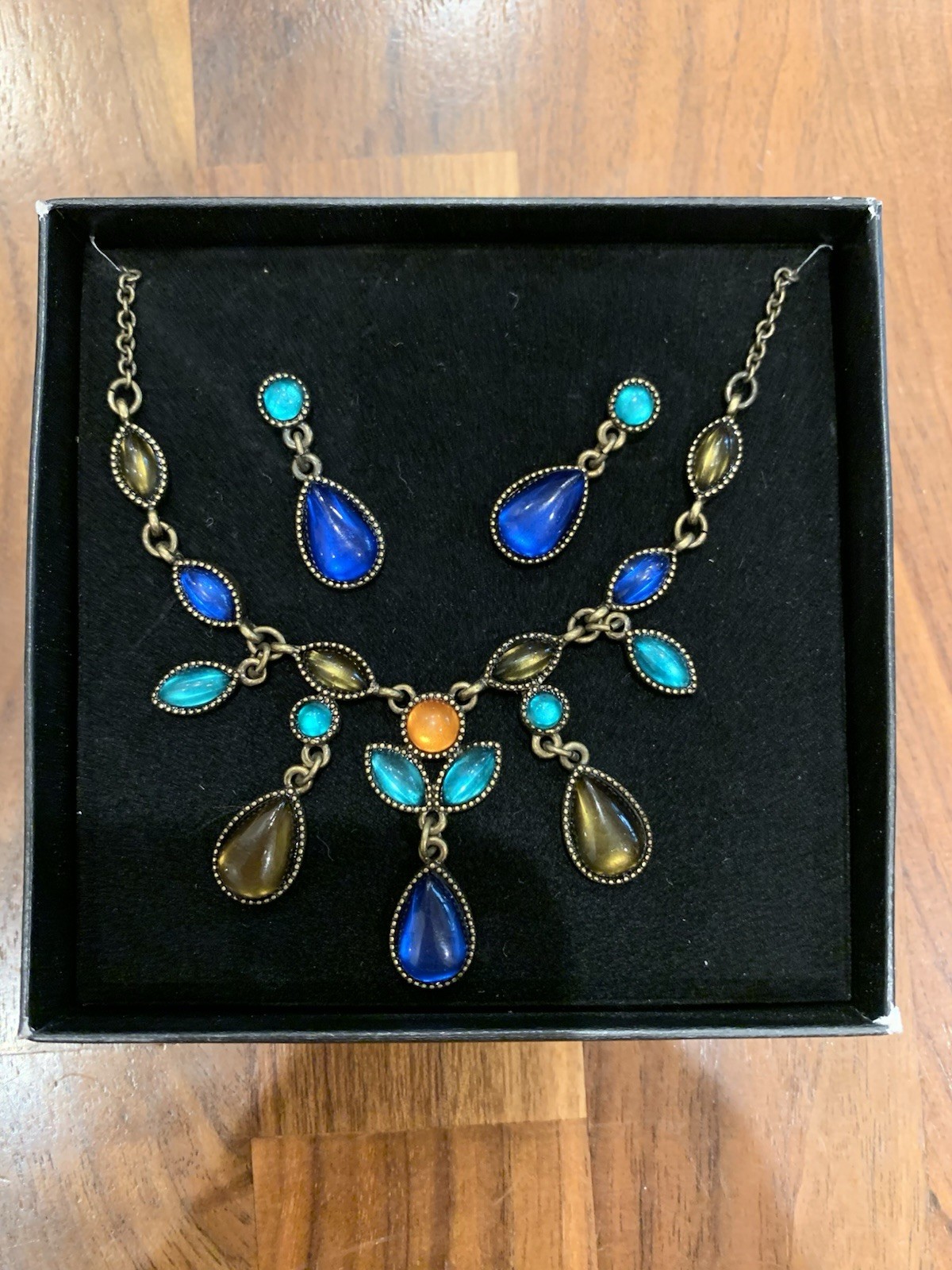 Vintage Style Blue Teardrop  Necklace & Earrings Set Antique Brass Boho Jewelry