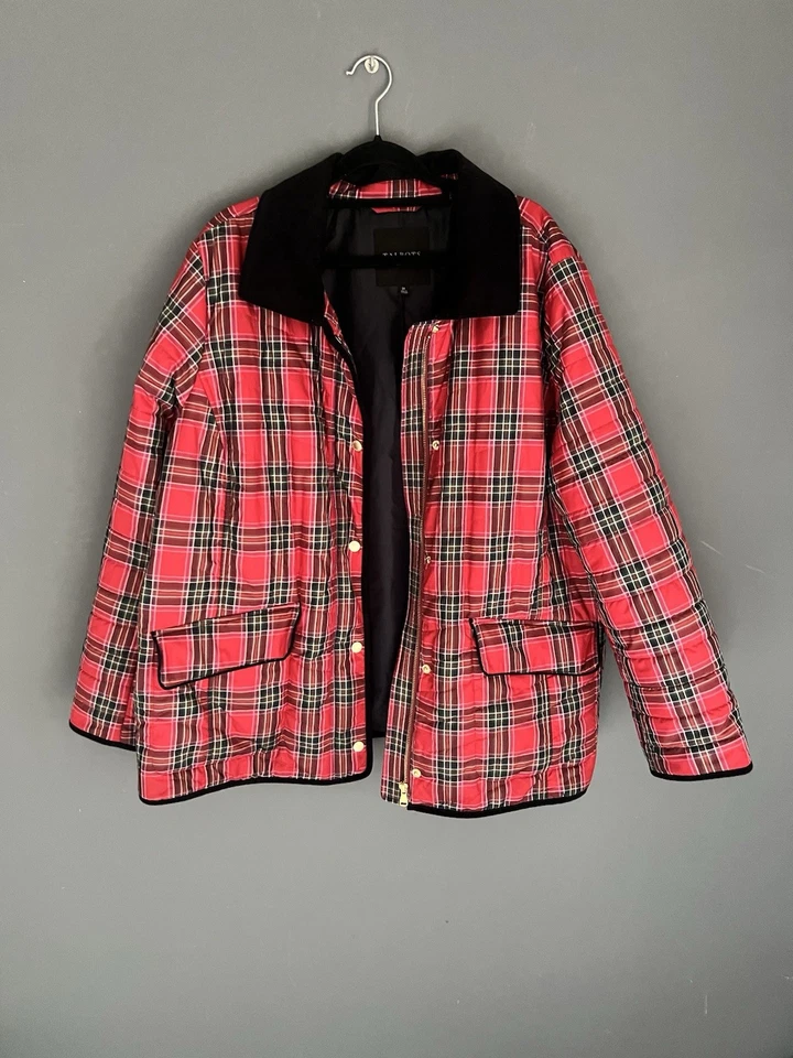 Talbots Women's 2X Snowflake Plaid Red Tartan Full Zip Snap Up Barn Jacket - Image 2 of 4