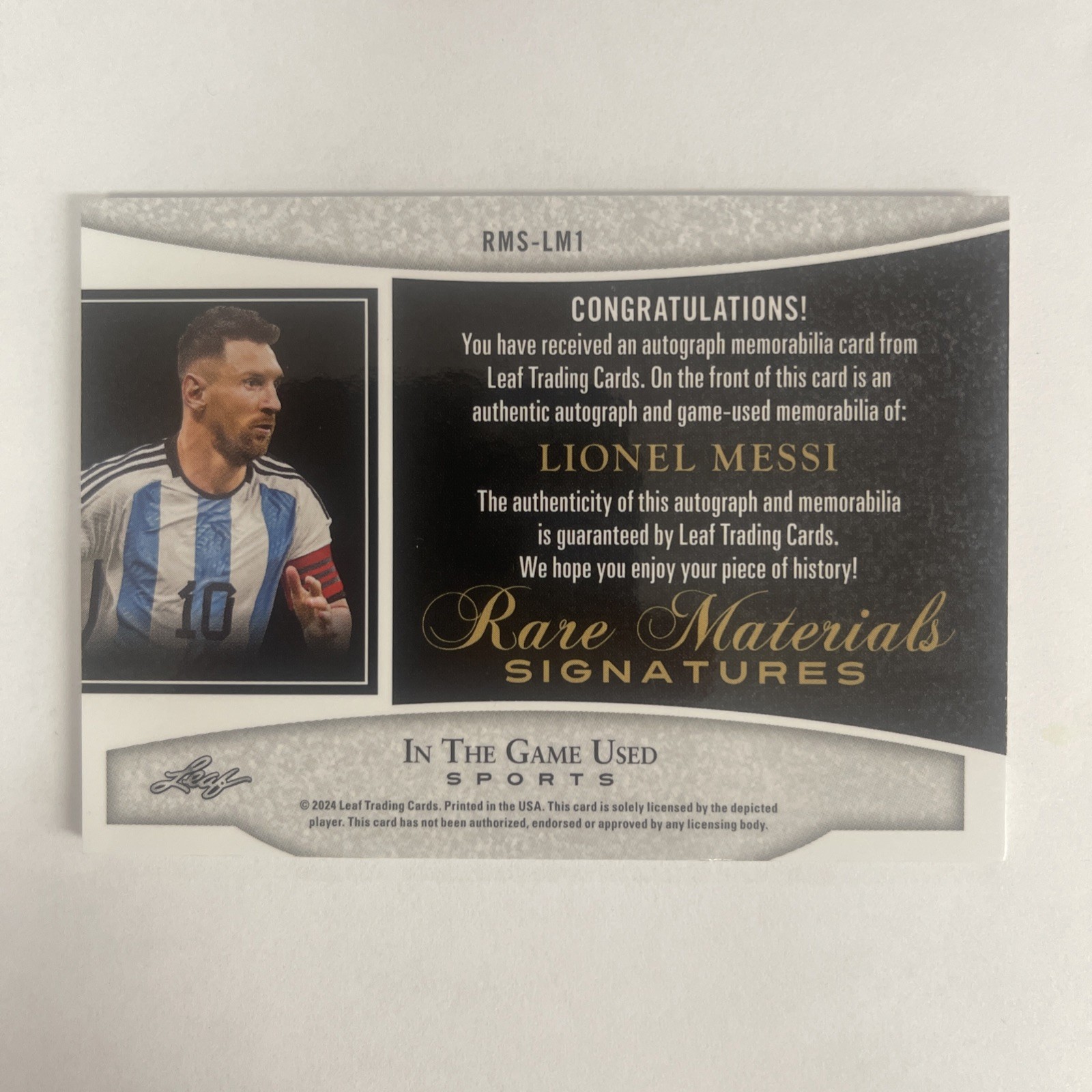 2024 Leaf ITGU Lionel Messi #RMSLM1 Rare Materials Signature Quad Patch Auto 1/1 view 3