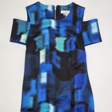 Calvin Klein Women’s Dress Size 6 Blue Black Abstract Print Cold Shoulder Below