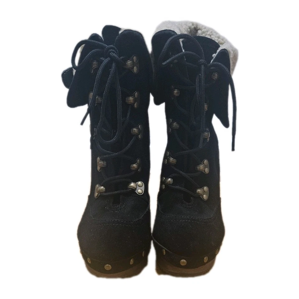 N.Y.L.A. Black Suede Shearling Cuff Lace Up Ankle Boots Women’s Chunky Heel - Image 3 of 4