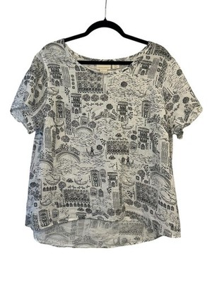 Cynthia Rowley Venice Italy Cityscape Blouse 1X 100% Linen Boho Coastal Top Chic