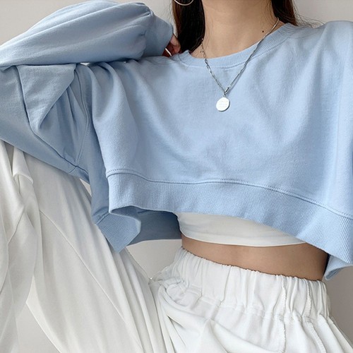 New Fashion Top Cropped Crop Top Sweatshirt Long Sleeve Solid Color Loose - Picture 12 of 25