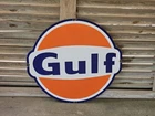 HUGE VINTAGE GULF GASOLINE DOUBLE-SIDED PORCELAIN SIGN  34 X 31.5