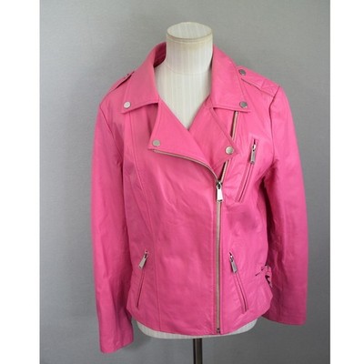 Neiman Marcus Leather Moto Jacket Large Pink Biker Asymmetrical Zip Women Luxury