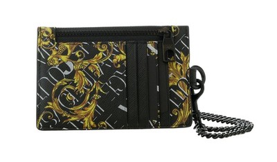 Versace Jeans Couture Black Gold Leather Baroque Brush Pattern Lanyard
