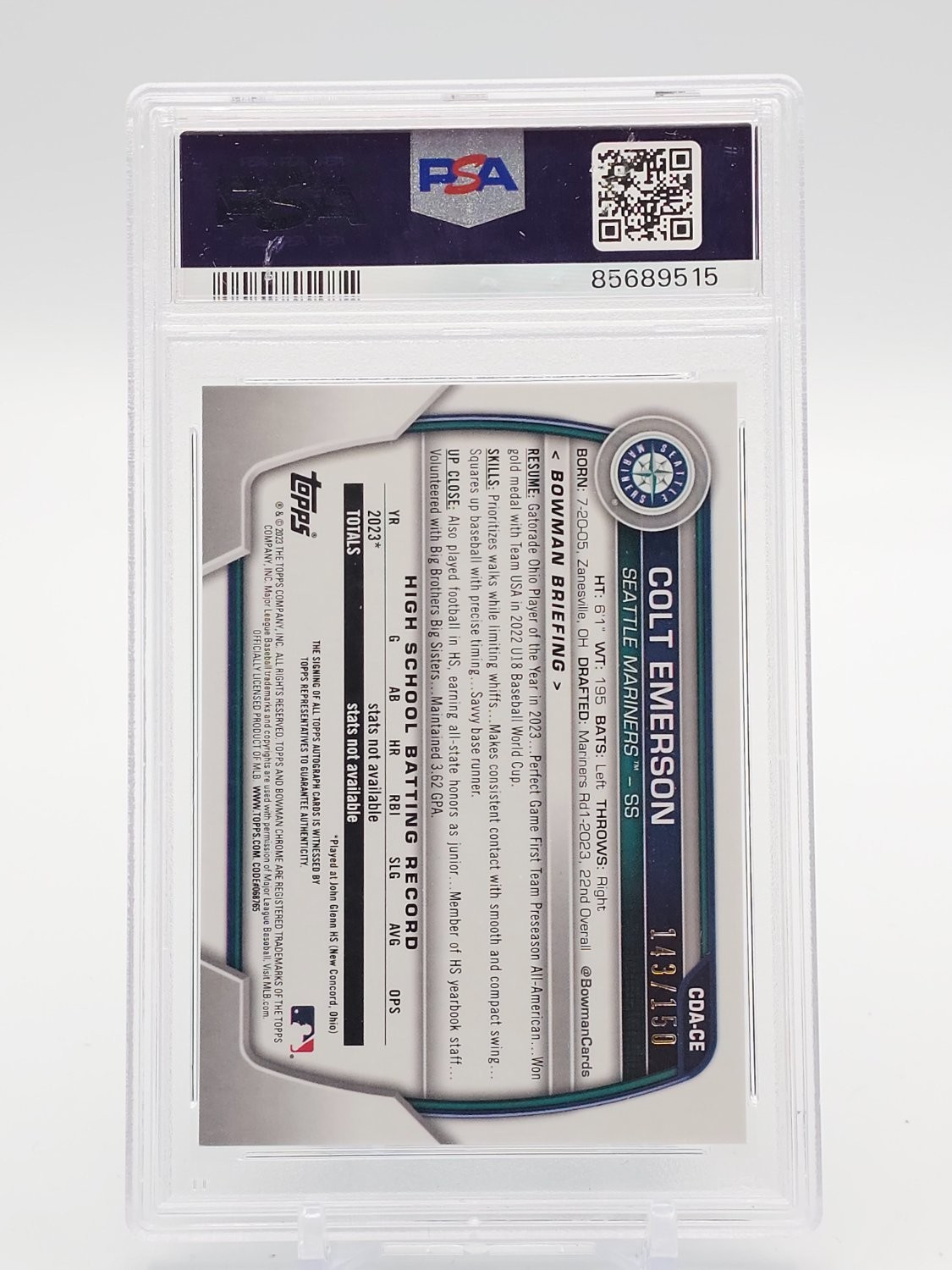 COLT EMERSON 2023 BOWMAN CHROME DRAFT AUTO TRUE BLUE 1ST /150 PSA 10 Q6438 view 2