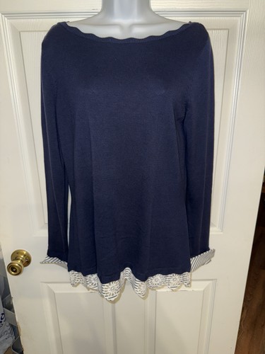 NWT White House Black Market WHBM Sz Medium Blue Stripe Eyelet Twofer Sweater - Picture 3 of 13