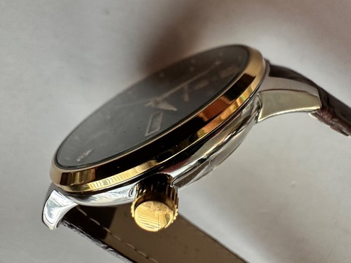 Men's Poedagar Watch Blue Dial Day/Date Brown Leather Strap Two-Tone - Picture 3 of 5