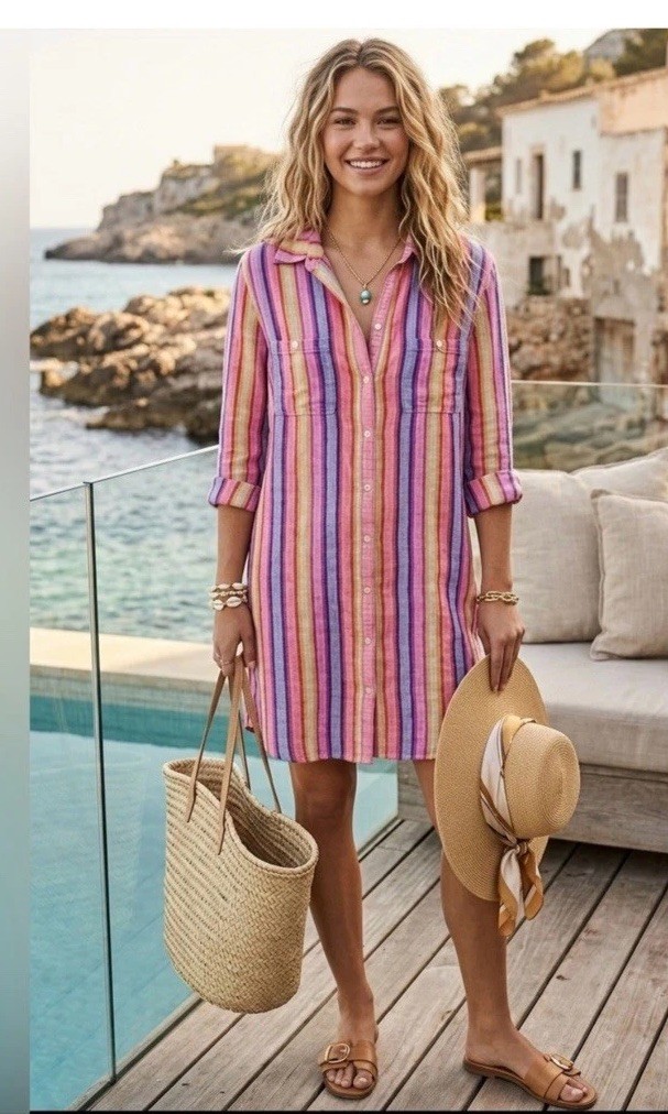 100% Linen Roller Rabbit. Colorful Striped Linen Midi Shirtdress Size S