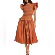 NWT Ulla Johnson Madeline Ruffled Smocked Midi Dress in Clay Sz 2 $595