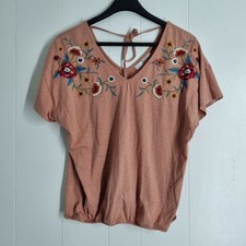 TU Womens Mouth Pink Top 14 Floral Embroidered Elasticated Hem Short Sleeve Boho