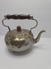 Vintage Brass Floral Etched Footed Tea Kettle...