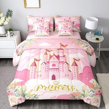 Girls Princess Comforter Set 7 Pieces Reversible,Cartoon Castle Pink Bed Set,...