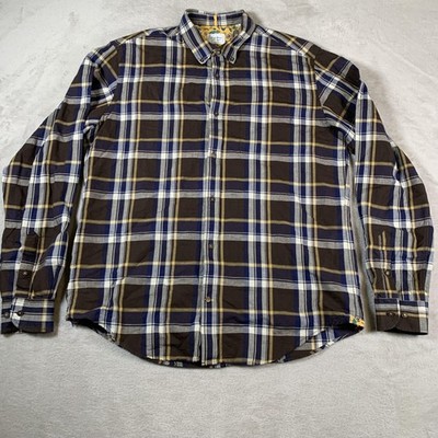 Serge Blanco Shirt Mens XL Brown Blue Plaid Linen Cotton Long Sleeve Button Up
