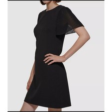 Tommy Hilfiger Women's Plus 14 Black Pleated Chiffon Sleeve Shift Dress Flowy