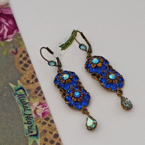 Michal Negrin Earrings Royal Blue With Swarovski Crystals Statement Long Flowers - Picture 18 of 19