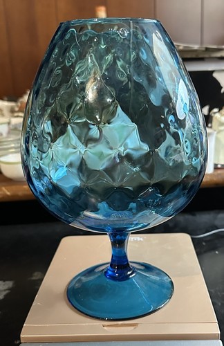 Vintage Empoli glass large quilted Optic Teal Brandy Snifter MCM