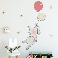 Easter Bunnies, Cute Bunny Wall Sticker with Colorful Balloons, Nursery Art