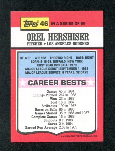 #46 Orel Hershiser 1990 Topps TV GLOSSY All-Stars Box Set Baseball Card - Picture 2 of 2
