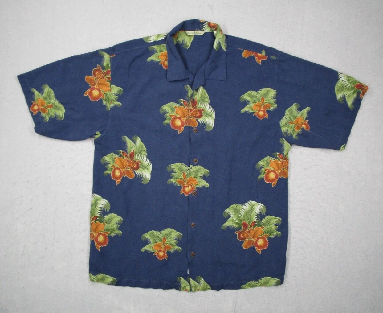 Tommy Bahama Shirt Mens Large Blue Button Up Silk Hawaiian Colorful Hibiscus