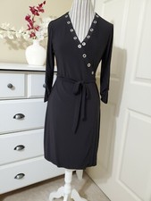 Emma & Michele Black Stretch Studded Trim Full Wrap Dress Roll Tab Sleeve Sz.M