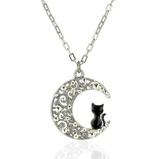 Anne Koplik Black Cat on the Crescent Moon Crystal Necklace Silver-Plated