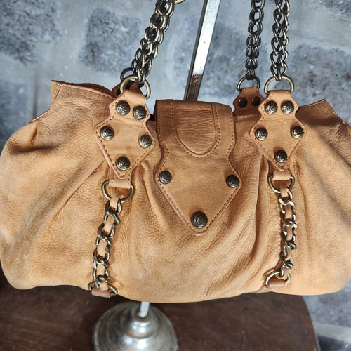 KATE LANDRY light brown 100% leather double chain handled satchel bag purse - Picture 6 of 10