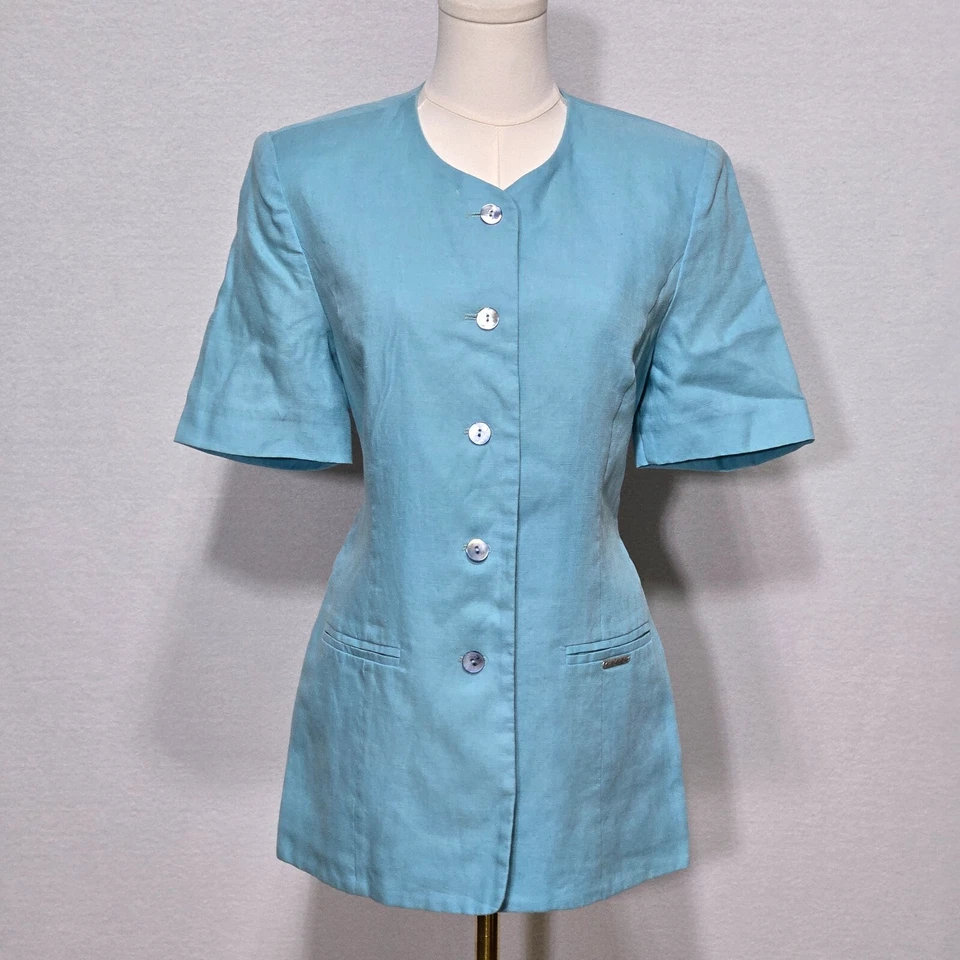 Chaqueta Geiger Mujer Talla 40 Azul Lino Manga Corta Botón Bolsillo Frontal Foto 2 de 4