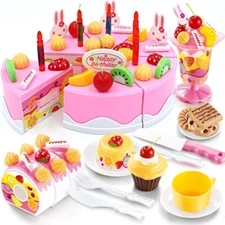 Birthday Cake Toy Play Food Set 75 Pieces Plastic Kitchen Cutting Toy