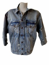 R13 Denim Jacket Selvedge Shredded Blue Oversized Trucker Sz 38 Excellent