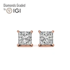 IGI 3.0Ct FVS1 Princess Lab Diamond Basket Stud Earring Push Back 18K Rose Gold