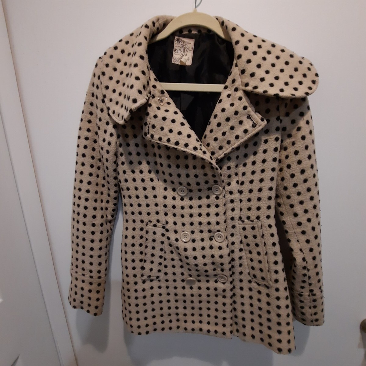Tulle Peacoat Jacket Coat Tan Black Dots Double Breasted Round
