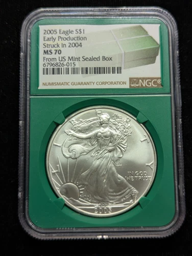 2005 Silver Eagle Early Production Struck In 2004 NGC MS70 From Mint box #041