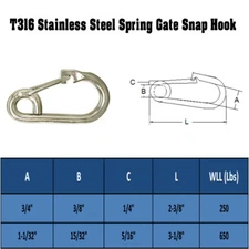 1/4", 5/16" Stainless Steel Marine Spring Snap Type Harness Clip T316 - 5 Pc Set
