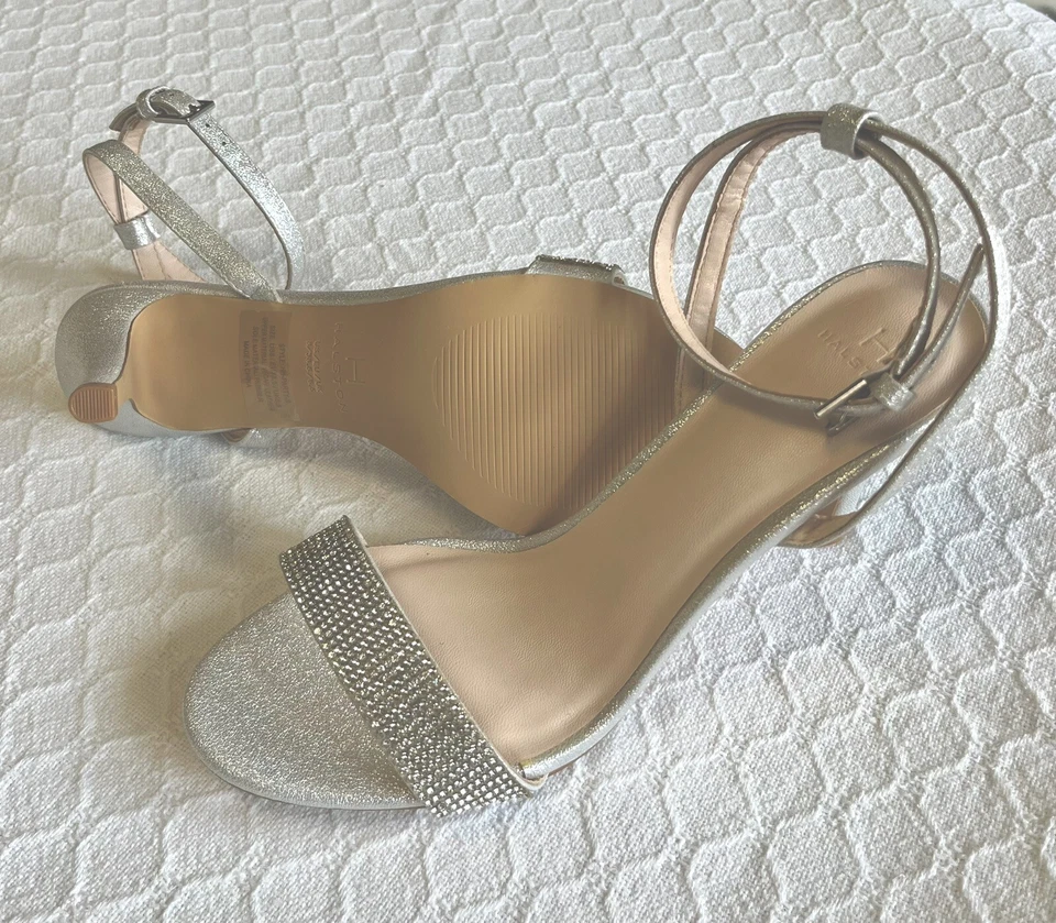 Sandalias de vestir H Halston para mujer de fiesta de tacón alto, talla US 8, plateadas Foto 3 de 4