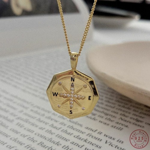 925 Sterling Silver Compass Necklace 