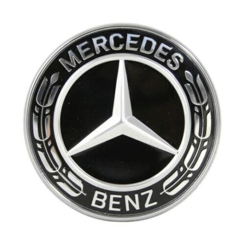 FRONT HOOD MERCEDES BENZ SILVER BLACK EMBLEM FLAT LAUREL WRATH BADGE 57MM AMGG - Picture 1 of 2