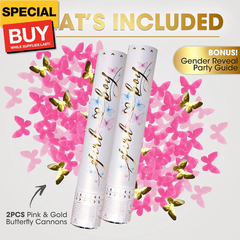 Canhão de confete revelação de gênero - Poppers de confete em forma de borboleta - Pacote com 2 rosa  - Imagem 3 de 4