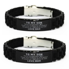 To My Son Bracelet Bangle Gift from Mom Dad Black Inspirational Encourage Adjust