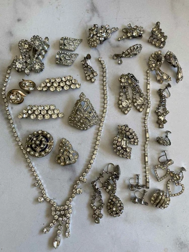 Vintage Rhinestone Costume Jewelry LOT! Clip-On Earrings, Necklaces