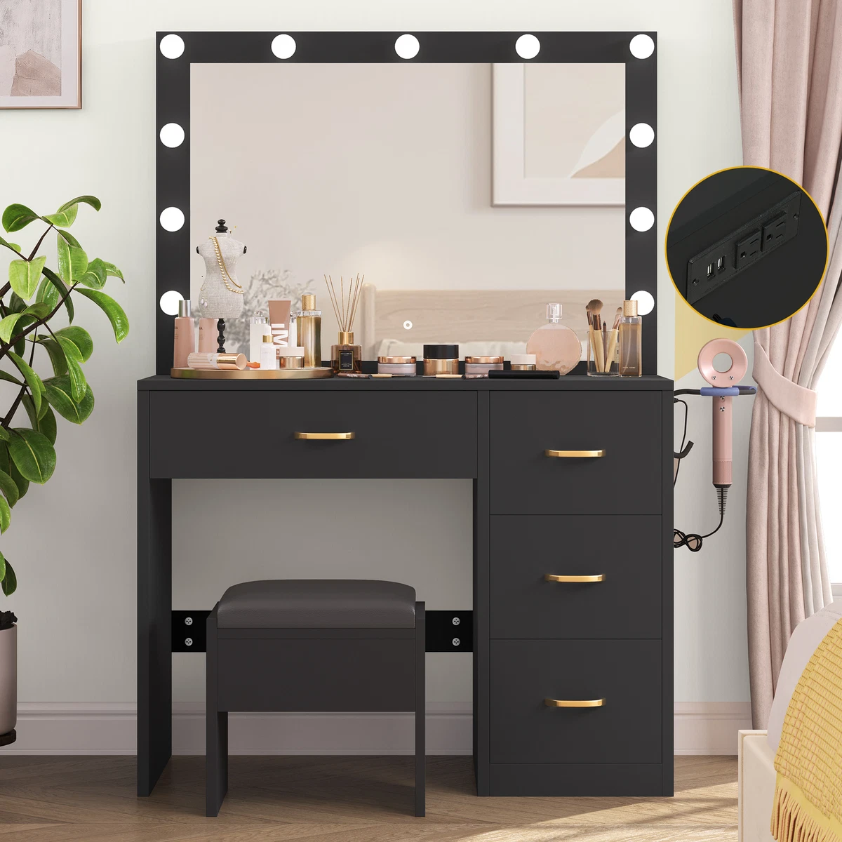 Black Makeup Vanity Set Dressing Table with Sliding LED Lighted Mirror  Power Strip and Hair Dryer Holder, Drawers, Stool