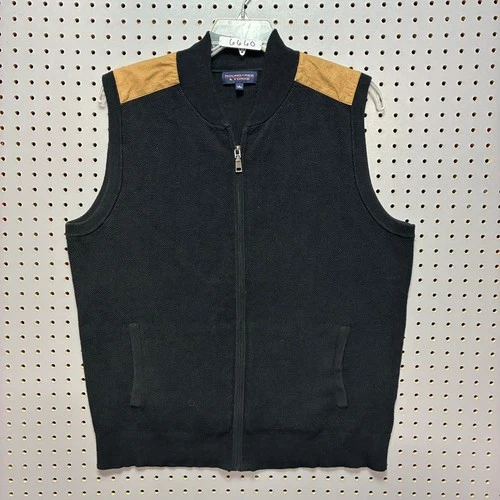 Roundtree & Yorke Mens Black Knit Vest Tan Shoulder Patches Size Large 6660 - product listing photo