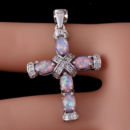 Collar colgante de joyería de plata cz ópalo fuego púrpura cruz latina lavanda - Imagen 3 de 6