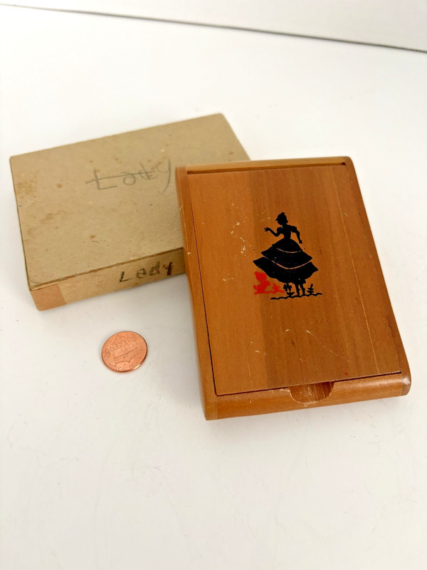Vintage Wooden Cigarette Box Silhoutte Lady Original Box